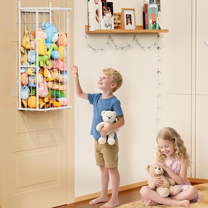 SWTYMIKI Hanging Stuffed Animal Storage - Over Door Large Plush Toy Organizer, Wall Mounted or Corner Stuffie Storage for Nursery, Doll & Bear Plush Organizer for Kid Room Bedroom (White, 2-Tier)