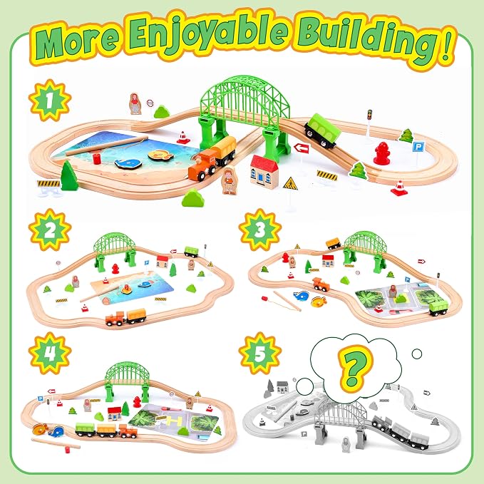 Wooden Train Set 61-Piece for Toddlers Kids Ages 3-8, Double-Sided Expandable Train Track with Puzzles & Magnetic Fishing Toys Compatible with Major Brands, STEM Railway Playset Gifts for Boys Girls