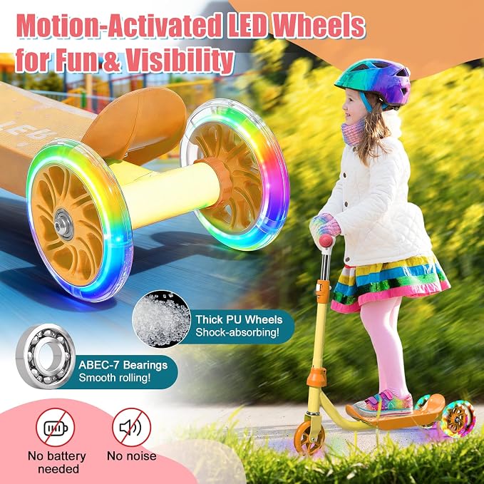 Kick Scooter for Kids Ages 3-7, Three Wheel Toddler Scooter with Handlebar Steering(No Lean),Height Adjustable, Light Up Rear Wheels, Indoor Outdoor Toy for Girls Boys, Holiday Birthday Gift