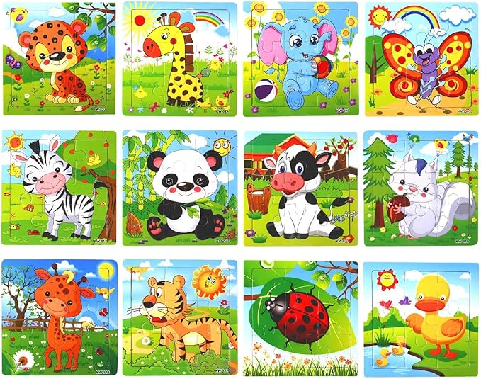 SANNIX 12 Pack Jigsaw Puzzles for Toddlers Wooden Animals Jigsaw Puzzles 9 pcs with 12 Organize Bags for Kids Ages 3 Preschool Educational Puzzles Learning Travel Toys for Boys and Girls