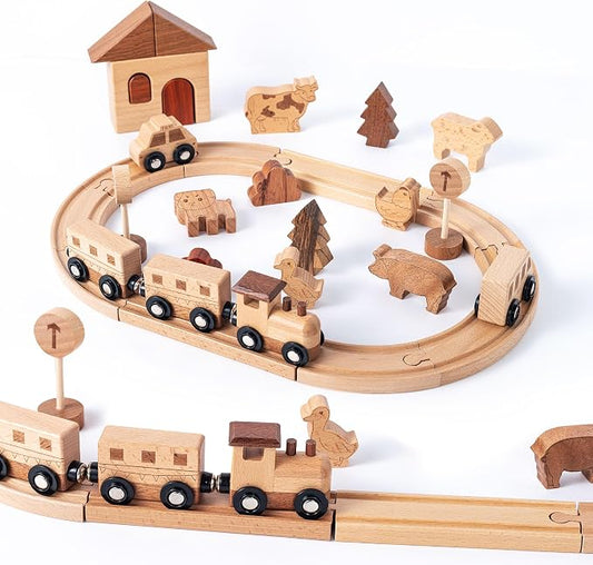 32PCS Wooden Train Set for Toddlers, 10.6 by 8.66 Inch Compact Size Double-Side Tracks Expandable Montessori Toys Compatible with Educational Fine Motor Skills Toy for 3 Year Old Boys Girls