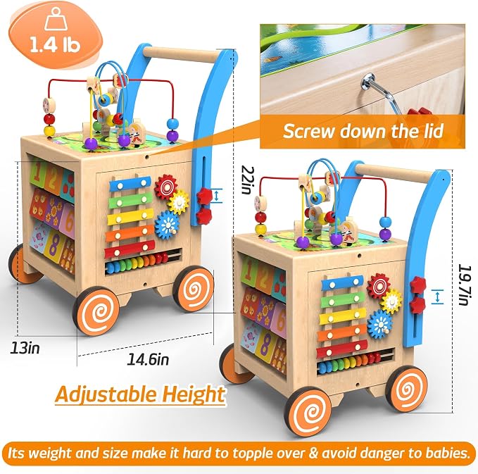 9-in-1 Wooden Activity Cube Baby Walker for 1 Year Old | Sit-to-Stand Learning Walker & Montessori Activity Center for Toddlers | Height & Speed Adjustable Push Walker Toy for Boys & Girls