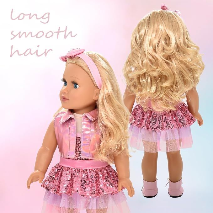 Dolls To Play 18 Inch Girl Doll, Fashion Doll with Fine Blonde Long Hair for Styling, Blue Eyes, Pink Sequin Dress, Shoes, Handbag, Clothes and Accessories Princess Doll for Kids