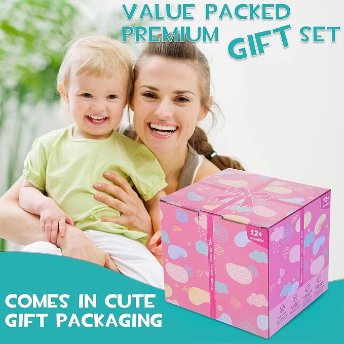 HELLOWOOD 8-in-1 Wooden Activity Cube for Kids, Sorting & Stacking Toys Shape Match Xylophone Montessori Learning Toy STEM Value Pack Gift for Boys Girls Toddlers-Light Pink Packaging