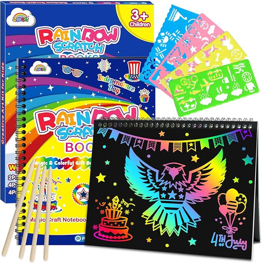 ZMLM Scratch Paper Art-Crafts Gift: 2 Pack Rainbow Notebooks Supplies Independence Day Toys for 3 4 5 6 7 8 9 10 Years Old Girls and Boys Kids Birthday Party Travel Games July 4