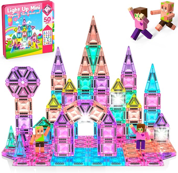Mini Magnetic Tiles with 2 Little Action People, Light Up Travel Tiles with Magnetic Action Figures for Princess Castle, Micro Magnet Portable Toys for Kids, STEM Building Set Girl Boy Birthday Gift