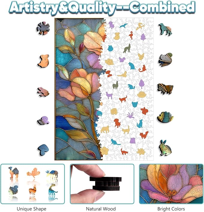 Leodozzio Stained Glass Wooden Puzzles for Adults, Flower Jigsaw Puzzles 500 Pieces, 5MM Thick Unique Shaped Animal Wooden Puzzle, Birthday Gifts, Family Games, 12.4x17.8 Inch
