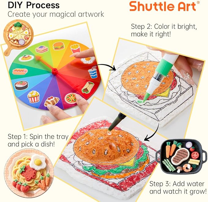 Shuttle Art 104 Pcs Magic Foam Texture Painting Kit Food Series: 34 Food Foam Pieces, Paper Plates, Forks & Knives, 12 Acrylic Paint Markers, Magical 3D Effect DIY Art Craft for Kids Ages 3-12