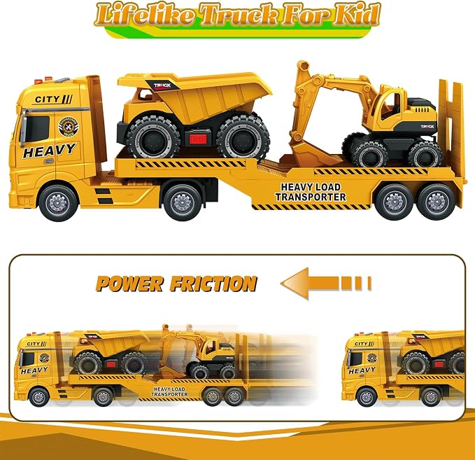 3-in-1 Construction Truck Toy for Ages 3-6 – 25.6 Inch Extra-Large Semi-Truck with Lights & Sounds, Detachable Excavator and Light & Sound Dump Truck, Inertia Vehicle Set