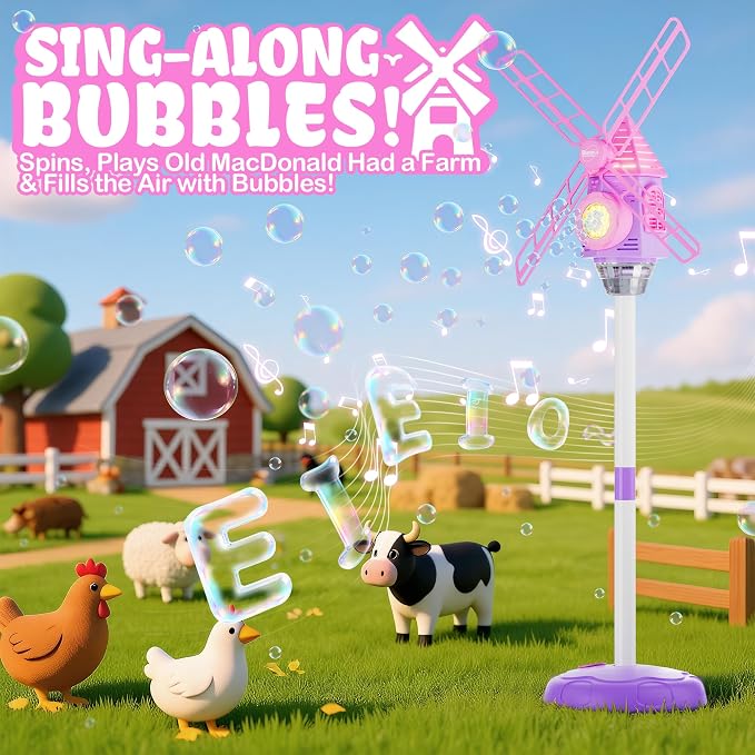 Windmill Bubble Machine for Kids, 51" Adjustable Height Standing Bubble Maker with Lights & Music, 10-Hole Battery Operated Bubble Blower with 130ml Tank, Outdoor Backyard Party Toys for Toddlers