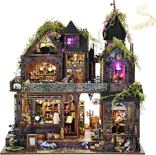 DIY Miniature House Kit, Dollhouse Magic City Gothic Witch House for Adults to Build, Birthday/Christmas Day Gift for Family and Friends, Prefab Tiny Home with LED Lights,Magic Castle