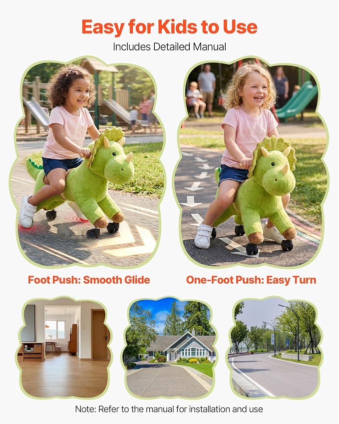 VEVOR Ride On Horse, Riding Dinosaur Toys for Kids, Features Lifelike Dinosaur Roars, No Battery Required, 360-Degree Flexible Smooth Wheels, Soft Seat, 88 lbs Max Load Capacity for Toddlers Ages 3+