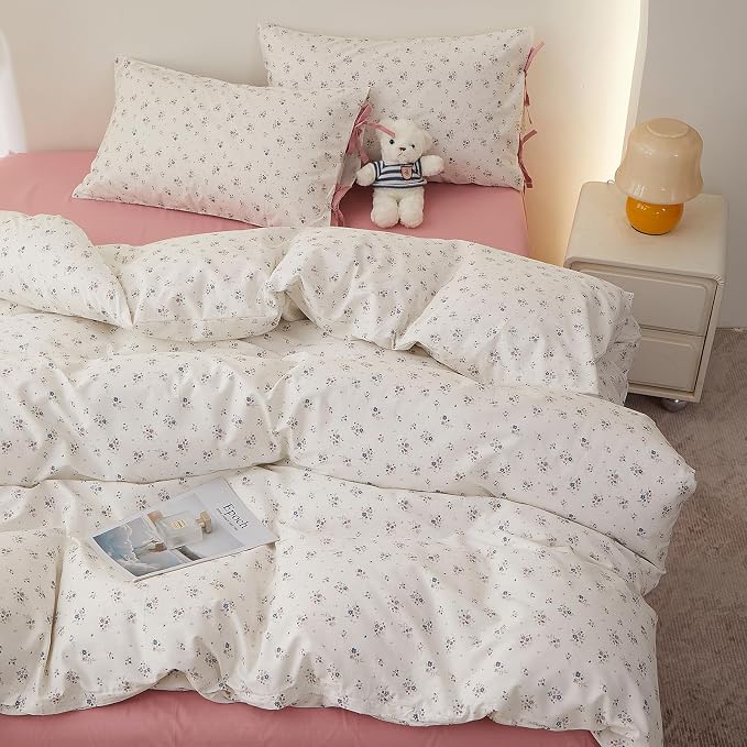 Vintage Floral Comforter Full Size Comforter Set, Aesthetic Botanical Flowers Pattern Lightweight Comforter Set for All Seasons, Farmhouse Cottagecore Bedding Comforter with 2 Bowknot Pillowcases