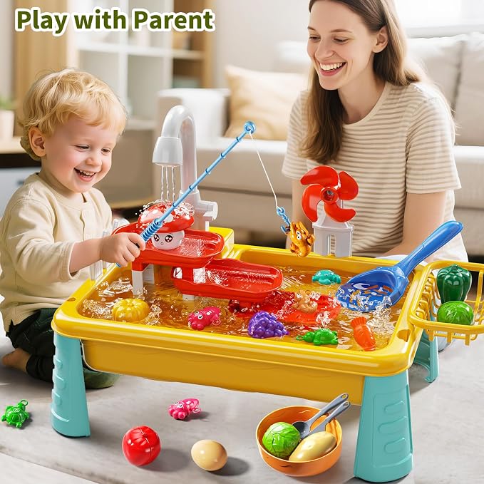 Kids Water Table Play Toy for Toddlers 1-3 4-8 Years Old, Kitchen Sink with Electrical Pump and Flowing Water, Fishing Games, Outside Sensory Gift Toys for Boys and Girls 2 3 4 5 6 7 8