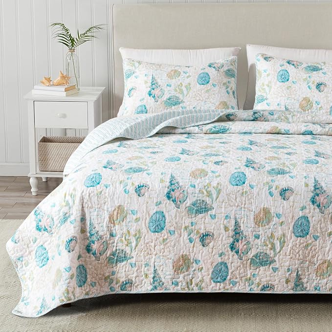 Great Bay Home Coastal Quilt Set - 3-Piece King/California King Size Nautical Bedding Set - Lightweight, All-Season, Reversible Bedspread (Seashell)