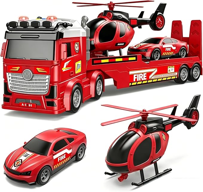 Kids Toys for Ages 3 4 5 6 7 8 Years Old Boys, 25" Large Fire Semi Truck with Helicopter & Race Car, Friction Powered Vehicle with Lights & Sounds,Birthday Gift for Boys Girls
