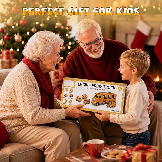 JoyRapt 5 in 1 Construction Truck Toys for Toddlers 3-5, Carrier Transport Trucks 4 Pack Small Pull Back Construction Vehicles Friction Power Cars, Christmas Birthday Gift Toys for Boys Girls.