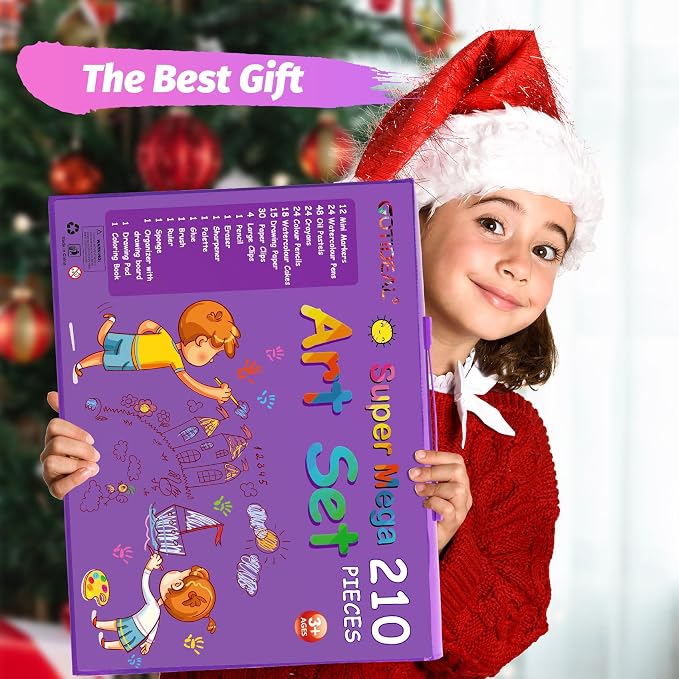 GOTIDEAL Art Supplies for Kids,Drawing Art Kit,210 PCS Kids Art Set with Double Sided Trifold Easel,Coloring Book, Crayons, Markers, Watercolor Pens, Arts & Crafts,Gift for 4-12 Year Old Girl(Purple)