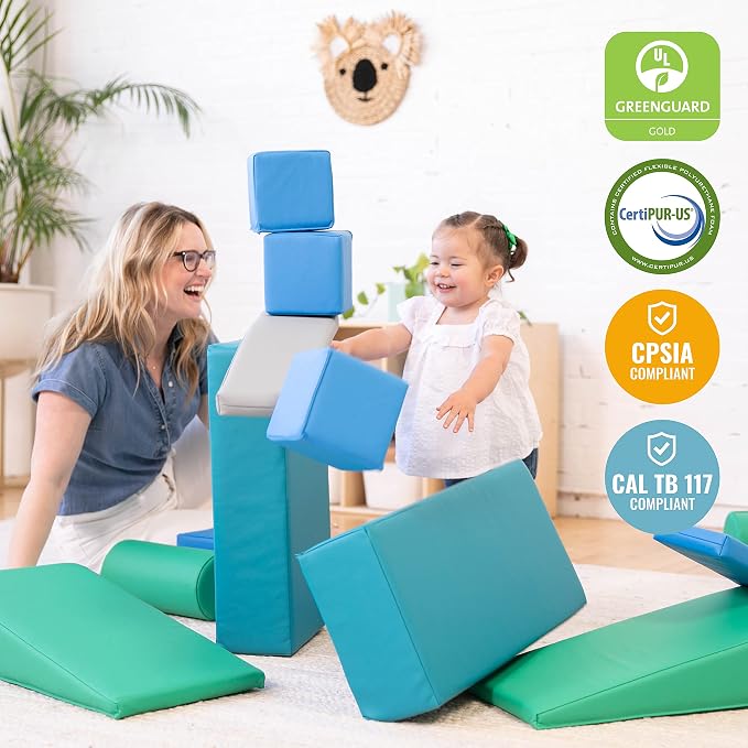 ECR4Kids SoftZone Builder Stacking Blocks and Shapes, Beginner Playset, Contemporary, 16-Piece