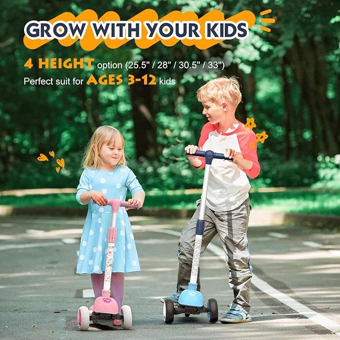 MOUNTALK Kids Scooter for Ages 1-12 Years, 3 Wheels Toddler Scooter for Children Age 1-3/3-5/5-8/8-12 Boys and Girls with Adjustable Heights and LED Wheels