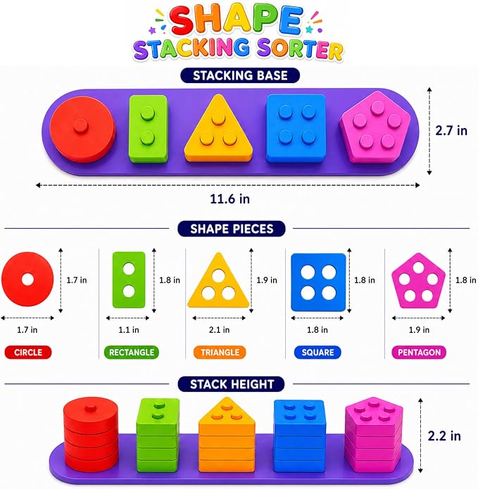 2-in-1 Wooden Shape Sorter & 58 Flash Cards Montessori Toy for Toddlers | Stacking & Sorting Toy for Boys & Girls, Color and Shape Matching Learning Puzzle for Ages 3+, Preschool Education