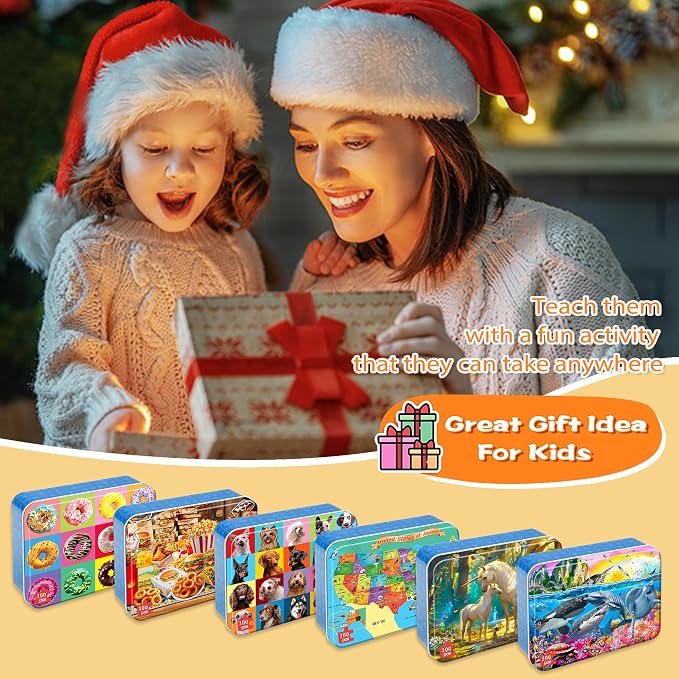 LELEMON Puzzles for Kids Ages 4-6,6 Pack 100 Piece Puzzles for Kids Ages 4-8 in a Metal Box,Educational Jigsaw Puzzles Puzzle Games Puzzle Toys for Girls and Boys