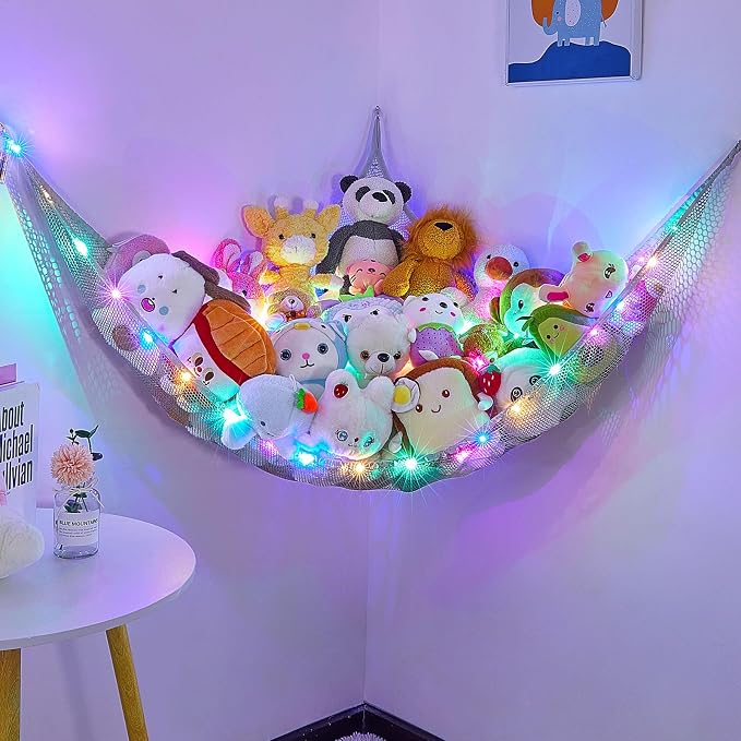Unicorn Castle Stuffed Animals Net or Hammock Kids Toy Storage Organizer with LED Light Hanging Corner Stuffed Animals Holder Kids Girls Room Decor,Grey,Large (Pack of 1)