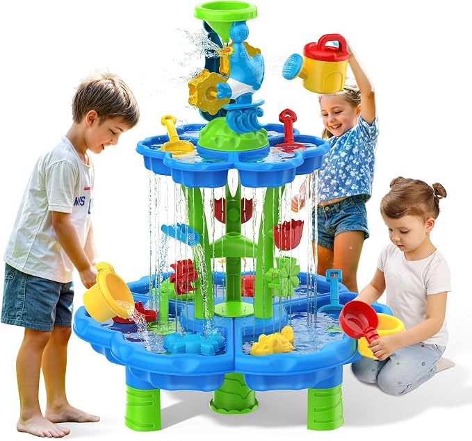 Kids Flower Water Sand Table for Toddlers - 2-Tier Outdoor Water Sand Play Table Toys for Boys Girls, Summer Splash Activity Sensory Table Party Birthday Gift for Kids 3-5 6-12(Blue)
