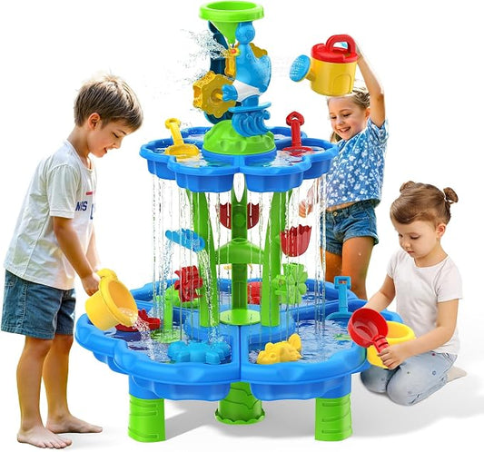 Kids Flower Water Sand Table for Toddlers - 2-Tier Outdoor Water Sand Play Table Toys for Boys Girls, Summer Splash Activity Sensory Table Party Birthday Gift for Kids 3-5 6-12(Blue)
