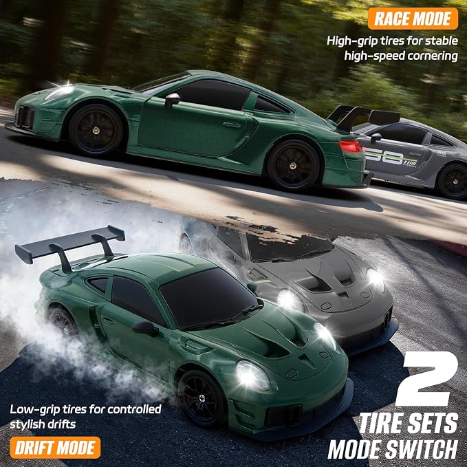RC Drift Car, 1:24 4WD Remote Control Cars Vehicle with LED Light,2.4GHz 20KM/H High Speed RC Cars with Two Batteries & Drifting Tires Racing Sport Toy for Adults Boys Girls Kids