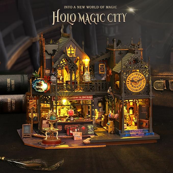 Plustopoy Miniature House Kit DIY Mini House Building Kit with LED Light, DIY Mini Dollhouse with Furniture Book Nook Kit, 3D Wooden Puzzle Wooden Bookend Shelf Insert Decro (Holo Magic City)