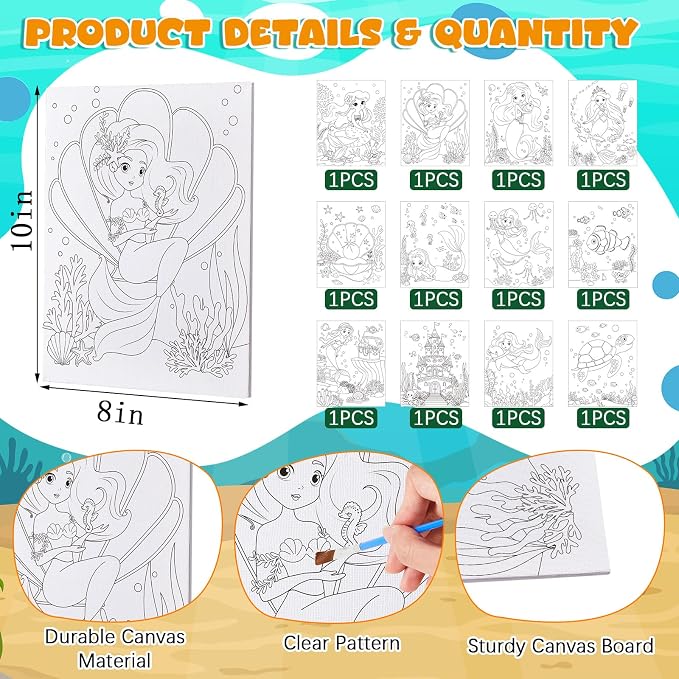 Ireer 12 Set Paint Party Set 8 x 10 Sip and Paint Kit Include 12 Printed Pre Drawn Canvas Panel, Wooden Easels, Palettes, Pots, Apron 36 Brushes for Adult Art DIY Party(Mermaid)