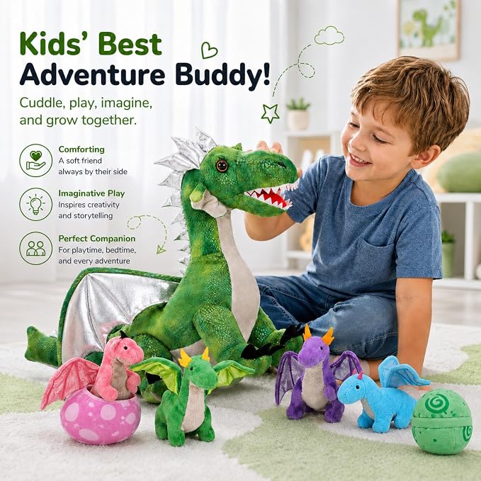 7Pcs Giant Green Dragon Plush Toy Set, 21.7" Big Mother Dragon Stuffed Animal with 4 Babies & 2 Eggs, Stuffed Dinosaurs for Kids Boys Girls, Cute Soft Plushies Gift for Birthday Christmas