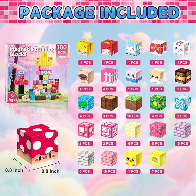 100PCS Magnetic Blocks Building Toys for Kids - 0.8in Magnet Cubes Cherry Blossom Forest Theme Toddler Toys, STEM Preschool Educational Sensory Construction Set, Birthday Gifts for Boys Girls Age 3-8