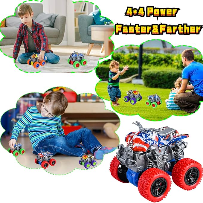 Monster Truck Toys - 4 Pack Friction Powered Toy Motorcycle Cars Push and Go Car Truck Playset for Boys Girls Toddler Aged 3 4 5 6 7 Year Old Gifts for Kids Christmas Birthday Party