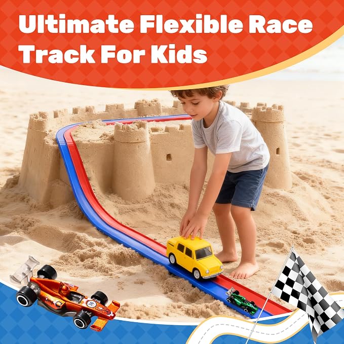 MINDNOOK 16 Ft Flexible Race Car Track Set for Kids, Portable Roll-Up Racetrack with 4 Cars & Suction Cups, Compatible with 1:64 Diecast Toy Cars, Gift for Boys & Girls Ages 4-12