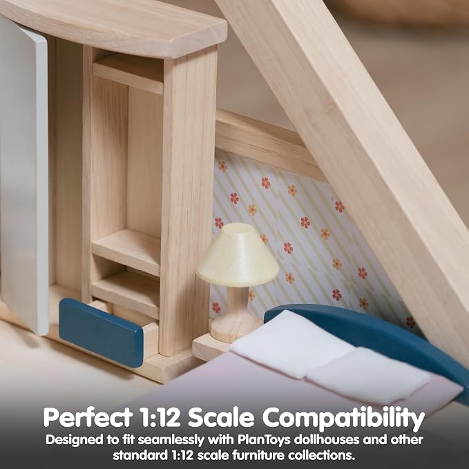 PlanToys® Wooden Bedroom Dollhouse Furniture Set in Orchard Shade for Kids | Montessori Small World and Home Routine Play | Eco Friendly Wooden Dollhouse Bedroom Set for Imaginative Play