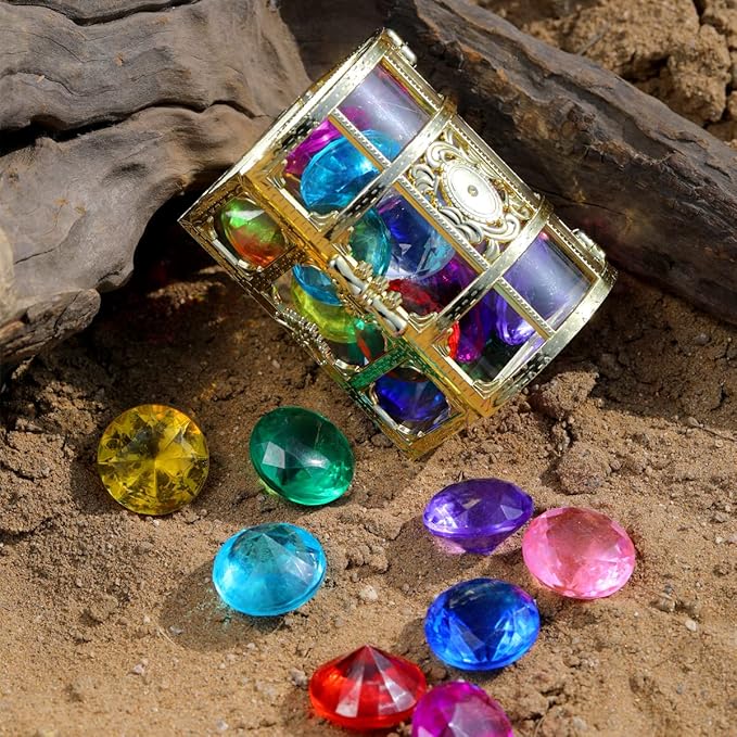 XIJUAN Diving gem Pool Toys Sand Toys,14 Color Diamond Treasure Chest Summer Swimming gems Pirate Diving Toy Set Underwater Swimming toyChildren's Game Gifts for Boys and Girls(Golden)