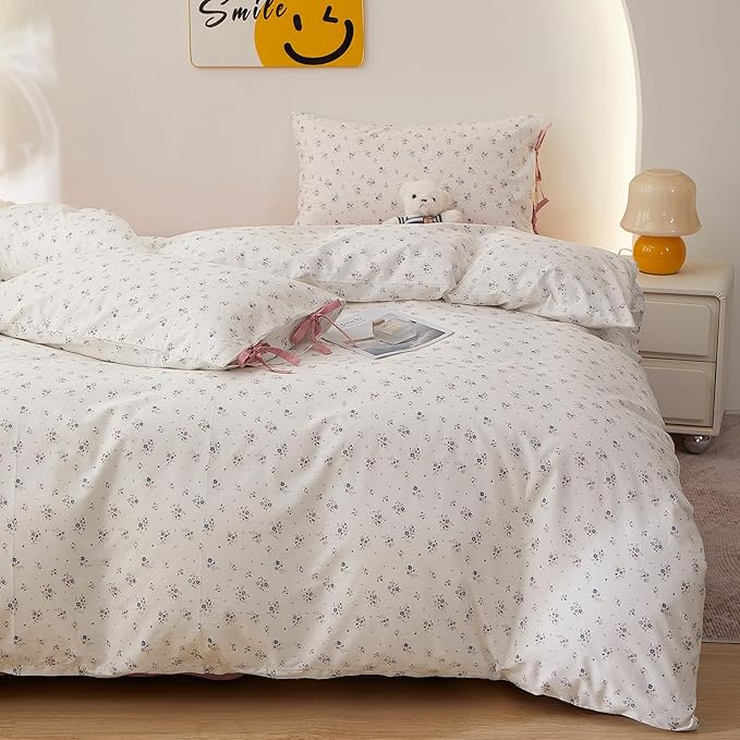 Vintage Floral Comforter Full Size Comforter Set, Aesthetic Botanical Flowers Pattern Lightweight Comforter Set for All Seasons, Farmhouse Cottagecore Bedding Comforter with 2 Bowknot Pillowcases