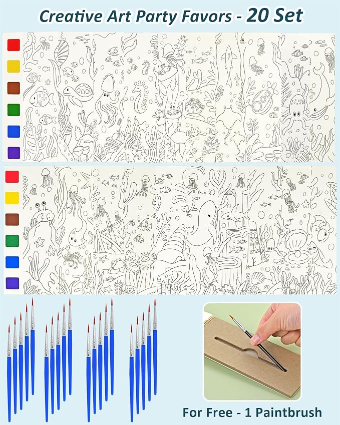 Vileafy 20 Under The Sea Party Favors for Kids Ages 4-8, DIY Pocket Watercolor Painting Bookmarks -Paint with Water Mini Coloring Book for Kids Airplane Travel Essentials (Sea Animals)
