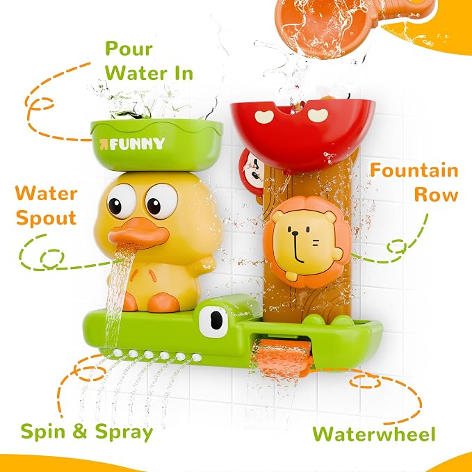iPlay, iLearn Bath Toy for Toddlers 1-3, Baby Waterfall Duck Bathtub Toy W/ Suction Cup, Kid Bath Tub Shower Playset, Infant Bathtime Fun Birthday Summer Gifts 18 24 Month, 2-4, 3-5 Year Old Girl Boy