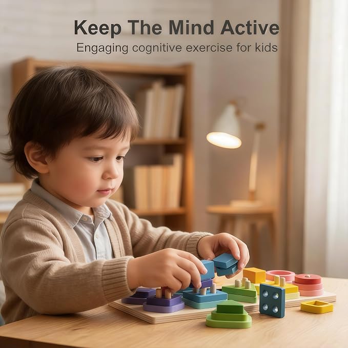 Montessori Toys for 1-3 Year Old Wooden Stacking & Color Shape Sorters, Educational Sensory Toys for Toddlers, Boys Girls Birthday Gifts, Travel Toy