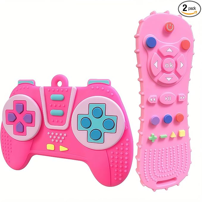 AALFA Baby Teething Toy, Soft TV Remote+Game Machine Shape Chew Set Intellectual Development Intellectual Development Educational Toy,Safe Silicone Toddler Infant (Pink (Handle+Remote Control)) | BPA-free silicone teething toys with remote control and ...