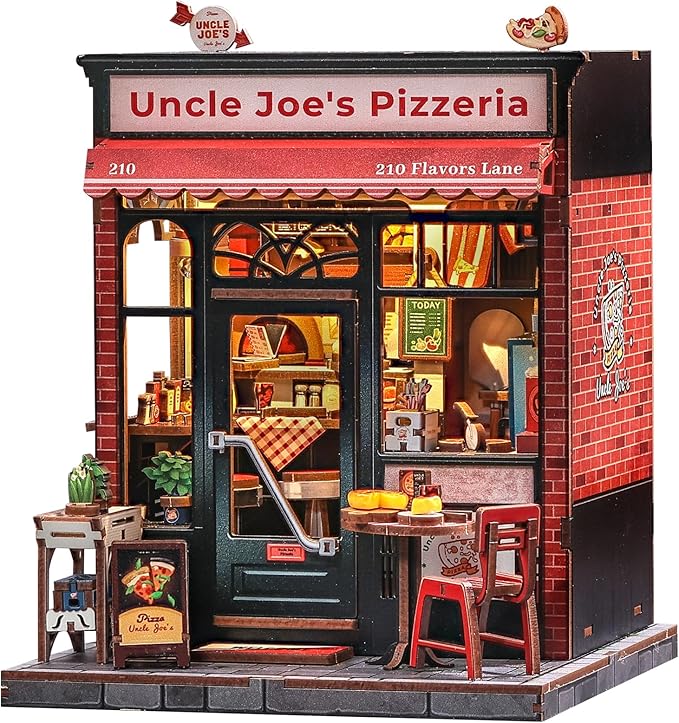 Cutefun Book Nook Kit - DIY Miniature Pizza Shop Booknook Kits for Adults and Teens, 3D Wooden Puzzle Bookend Bookshelf with LED Light, Creative Crafts Gifts for Beginners (Uncle Joe's Pizzeria)