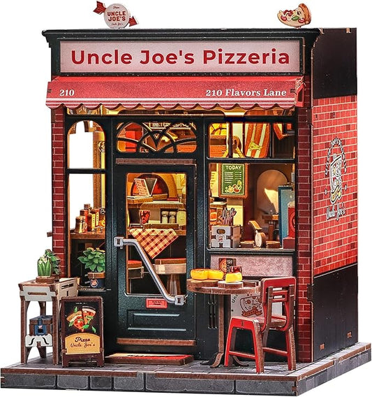 Cutefun Book Nook Kit - DIY Miniature Pizza Shop Booknook Kits for Adults and Teens, 3D Wooden Puzzle Bookend Bookshelf with LED Light, Creative Crafts Gifts for Beginners (Uncle Joe's Pizzeria)