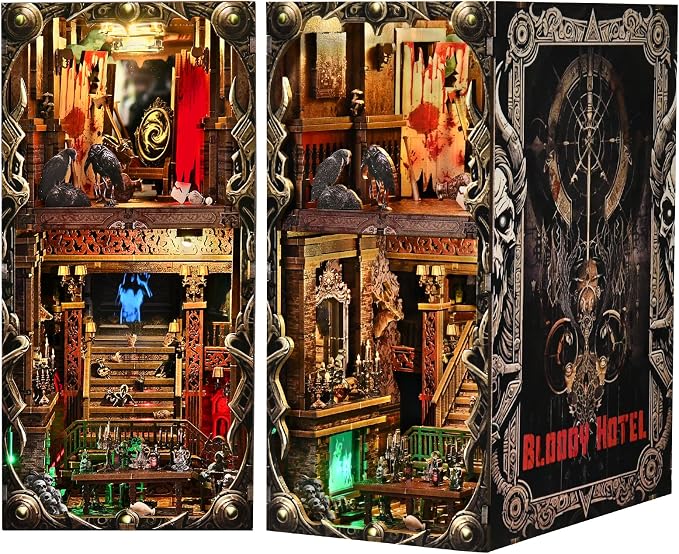 Creepy Book Nook Kit, DIY Miniature Dollhouse Halloween 3D Puzzle,Horror Scary 3D Wooden Puzzle Bookend Bookshelf Insert Decor with LED Light,Bloody Hotel