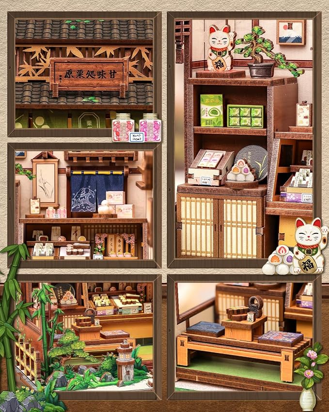 Book Nook Kit - DIY Miniature Japanese Wagashi Shop, 3D Wooden Puzzle Dollhouse with LED Lights, Tiny Bookend & Creative Bookshelf Decor, Craft Gift for Adults, Teens & Book Lovers