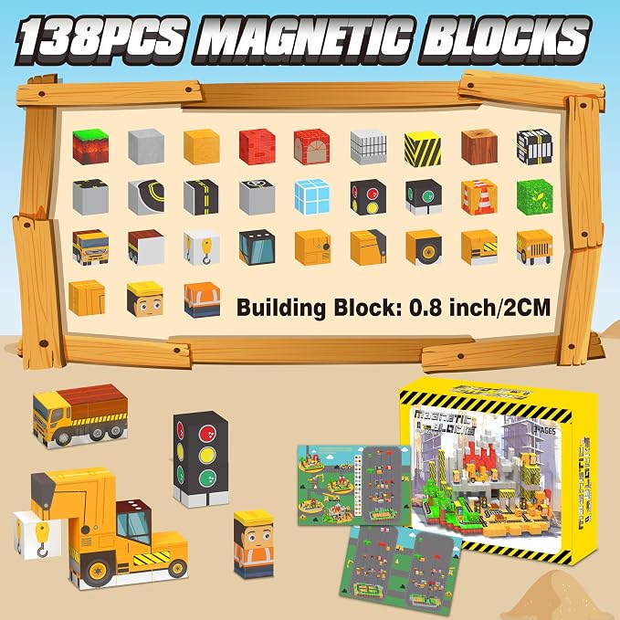 138PCS Magnetic Blocks - Magnetic Building Blocks Magnet Block Cubes Construction Set, STEM Montessori Sensory Stacking Toys for Kids Boys Girls Ages 3 4 5 6 7 8-12 Holiday Christmas Birthday Gifts