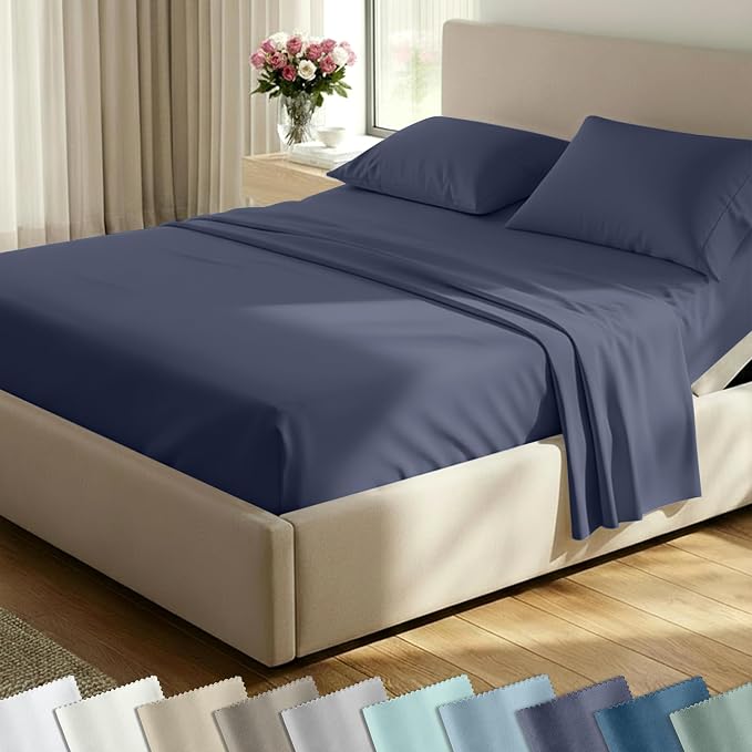 California Design Den Soft 100% Cotton Split King Bed Sheets Set, 400 TC Good Housekeeping Award Winner, Smooth Sateen, Deep Pockets, Cozy & Durable Split King Bedding Set - Indigo Dusty Blue