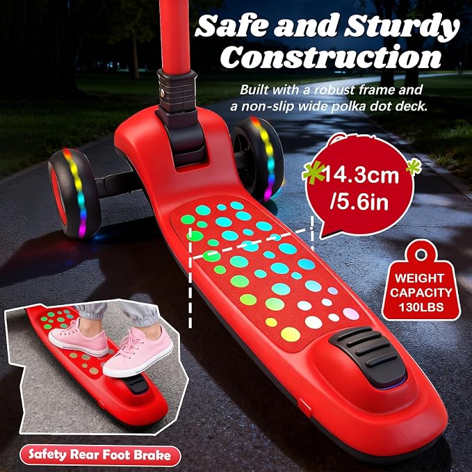 Light Up 3 Wheel Kick Scooter for Kids Toddlers with LED Sync Lights, Flashing Stem & Wide Polka Dot Deck Adjustable Height Music Function Safe Sturdy Folding Scooter for Kids